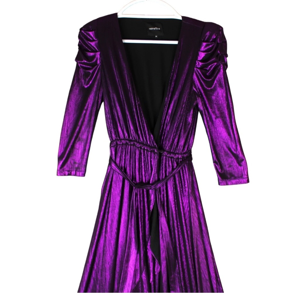 Retrofete Flora Maxi Wrap Dress Purple Metallic Size M V Neck Ruffle EUC Party - Picture 6 of 15